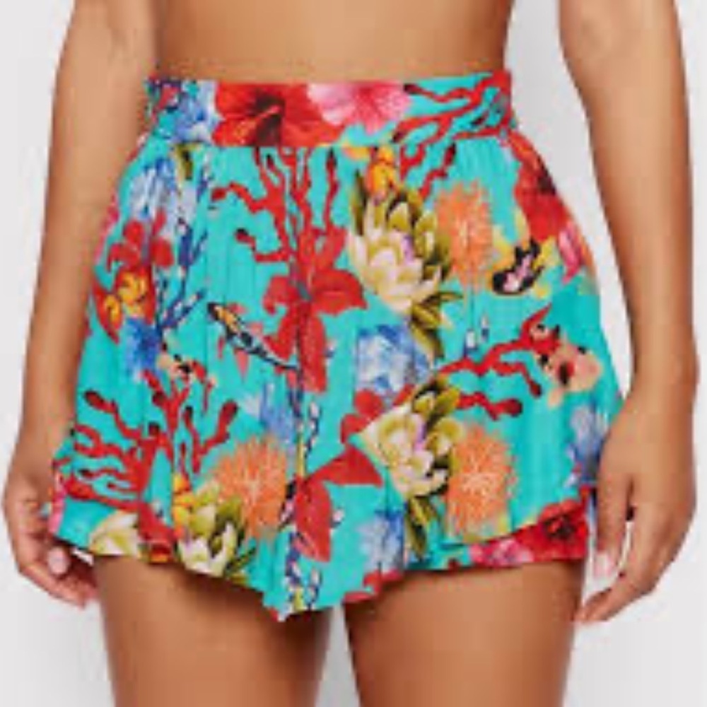 Desigual Turquoise Floral Skort with Red & Yellow Accents